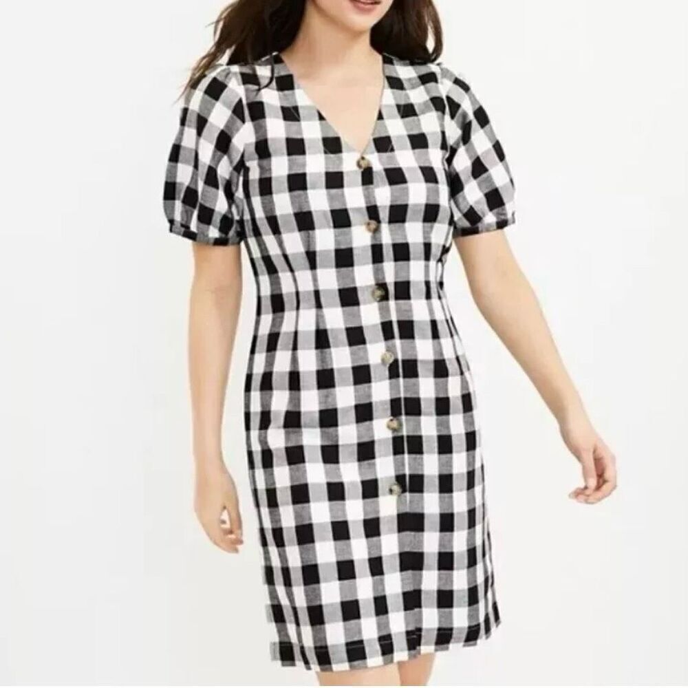 LOFT Gingham Plaid Linen Rayon Button Up Dress Black White V-Neck Women’s Size 2